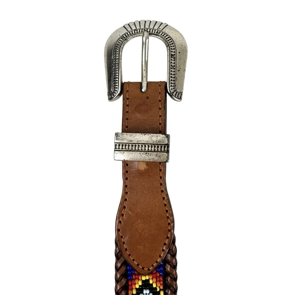 Vintage 90's South Western Beaded Brown Leather Belt 37.5